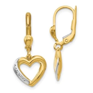14k Twotone Gold Textured & Heart Earring 1.84g L-26mm W-11.75mm Gift for Her - Picture 1 of 7