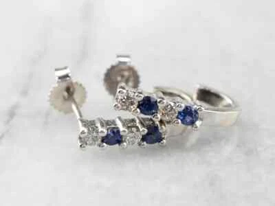 0.48 Ct Natural Sapphire & Diamond J Hoop Stud Earrings in 925 Sterling Silver - Image 1 of 4
