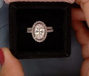 Unique Design 2 PCs Solitaire Silver Halo Moissanite Oval Cut Wedding Ring Set - Picture 1 of 5