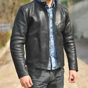 HERREN ECHT RINDSLEDER PREMIUM LEDER MOTORRAD BIKER TOP LEDERJACKE SCHWARZ - Bild 1 von 5