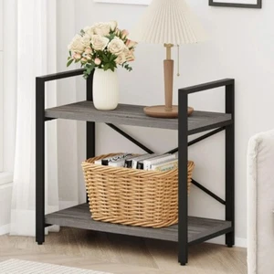 BON AUGURE Small Bookshelf for Small Space, 2 Shelf Low Metal Bookcase, Industri - Picture 1 of 10