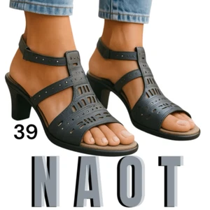 Naot Women's Leather Rivet Vogue Strappy Heels Brushed Metallic Black/Grey Sz 39 - Picture 1 of 9