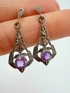 Sterling Silber Ohrringe Markasit lila Zargenfassung hinten offen baumelnd durchbohrt H1 - Bild 1 von 5