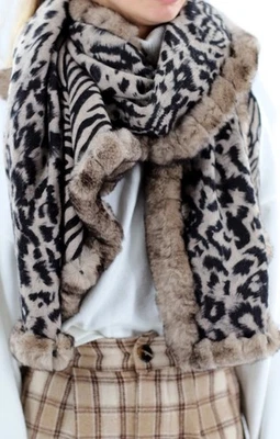La Fiorentina Reversible Animal Print Wrap with Genuine Rex Fur Trim - 100% Wool - Image 1 of 4
