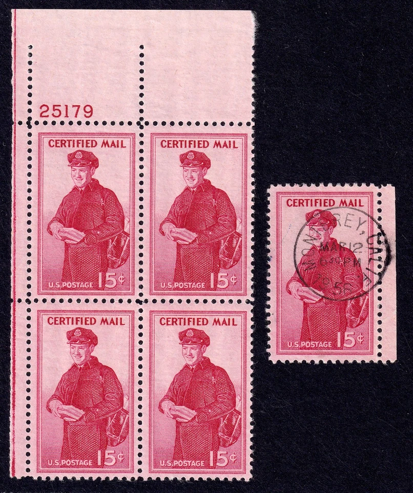 US Scott FA1, 1955 Certified Mail (P# block of 4), 15c red, NH MINT - Image 1 of 1