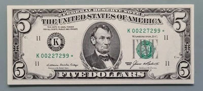 1995 Five Dollar Federal Reserve Note $5 STAR NOTE Uncirculated #96457 - Image 1 of 2