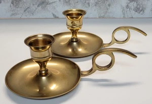Vintage Brass 2 Chamber Style Finger Loop Small Candlestick Holders India - Picture 1 of 16