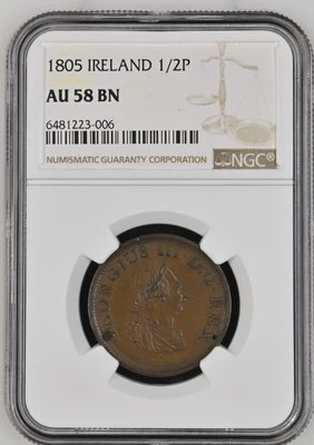 1805 Ireland Hibernia 1/2 Penny - NGC AU58BN - Image 1 of 4
