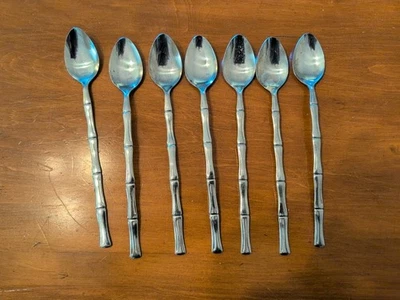 Bamboo Tiki Design 7 Ice Tea Spoons Lifetime Cutlery Stainless Japan 7 1/4 - Image 1 of 4