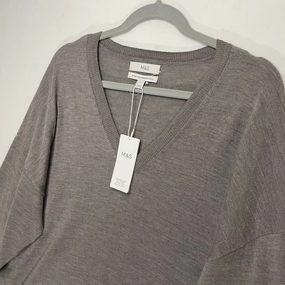 M&S Merino Wool Knit Jumper Womens XL Mocha V-Neck Tight-Knit 100% Wool BNWT - Image 1 of 4