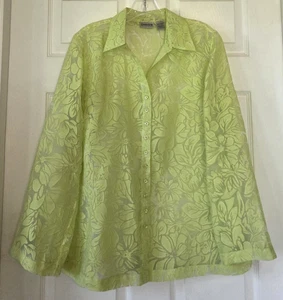 CHICO'S Lime Green Floral Burnout Blouse Long Sleeves Button Front Size 1 (M) - Picture 1 of 7