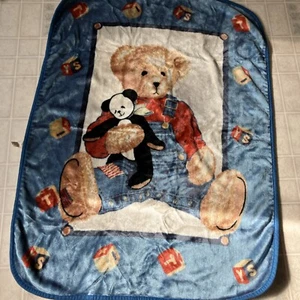 Blue Jean Teddy Bear Baby Blanket Blocks Vintage Welcome to the World 30 X 40 - Picture 1 of 4