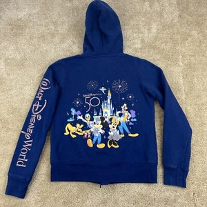Disney World 50th Anniversary Girls Womens Hoodie Small Zip Up Navy Blue - Picture 1 of 16