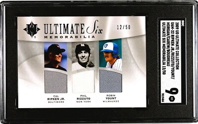 2009 Upper Deck Ultimate Six Game Used Jersey Card Ripken Yount Carew /50 SGC 9 - Image 1 of 2
