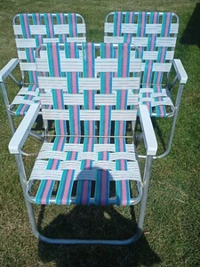 Set Of (3) Vintage Rainbow Webbed Folding Aluminum Lawn Chairs Plastic Arm Rest  - Picture 1 of 11