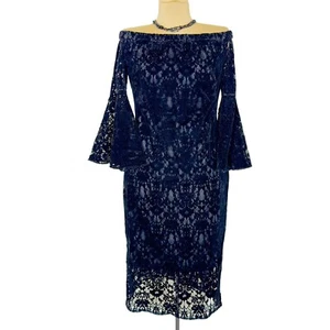 Shoshanna Midnight Lace Dress Off Shoulder Bell Sleeve Party Cocktail Black Med. - Picture 1 of 8