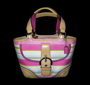 Mint Coach Soho Cotton Twill Multi Pink Striped Vachetta Trim Sm Tote Bag Purse - Picture 1 of 1
