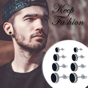 4 Pairs Mens Womens Vintage Black Round Patterned Earrings Ear Studs 6/8/10/12mm - Picture 1 of 6