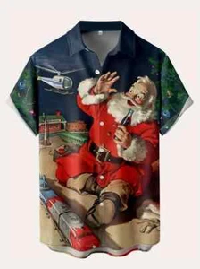 Santa Surfing Men Print Casual Button-Down Short Sleeve Lapel Shirt Size 0XL New - Picture 1 of 5