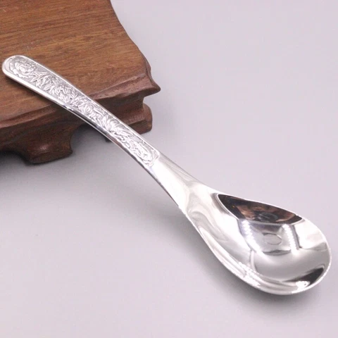 Pure S999 Fine Silver 999 Women Men Peony Figure Spoon 45-47g  135x34mm Cover