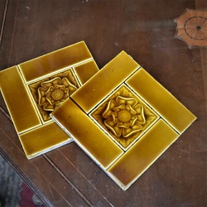 Antique 1900s Brown Majolica Art Nouveau Tiles Relief Moulded Tudor Rose Pair - Picture 1 of 8