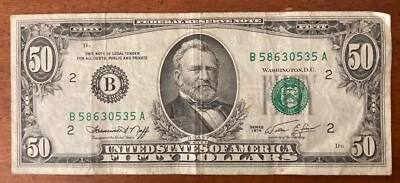 Series 1974 Old Style Small Head US Grant $50 Bill Serial #В 58630535 А - Image 1 of 2