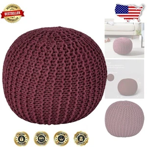 Lightweight Cotton Round Pouf in Wine - Multifunctional Ottoman for Any Room - Picture 1 of 8
