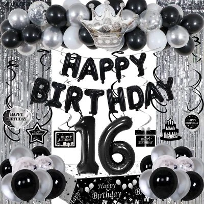 Decoraciones de cumpleaños 16 negro y plata para niños niñas, blanco y negro 16... Foto 1 de 4