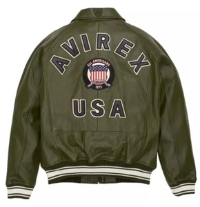 Men's Avirex Olive Green Bomber American Flight Leather Jacket - Picture 1 of 4