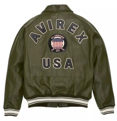 Men's Avirex Olive Green Bomber American Flight Leather Jacket - Image 1 of 4