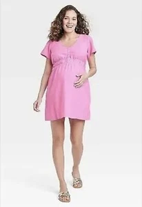 Damen Isabel Maternity Kurzarm Gewebt Mini Umstandskleid Rosa XS - Bild 1 von 7