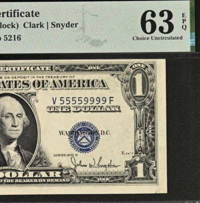 1935D $1 Silver Certificate PMG 63EPQ double quad fancy serial number 55559999 - Image 1 of 3