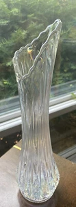 ANTIQUE L E SMITH CLEAR IRIDESCENT CARNIVAL GLASS SWUNG VASE 13.5" TALL - Picture 1 of 7