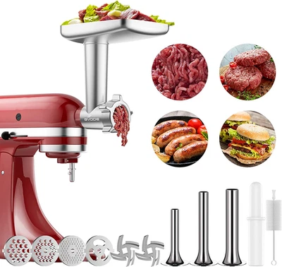 GVODE Fleischwolf Aufsatz Für Kitchenaid Standmixer Inklusive 3 Wurstfüllhörner 2 Schl