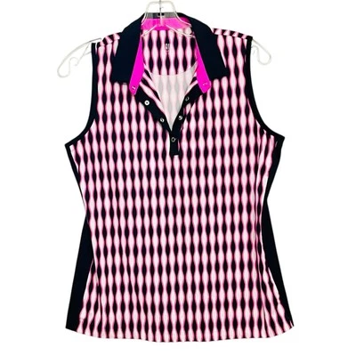 Tail Activewear Top UPF50+ Pink Black White Wavy Shirt Collar Snaps Sz M NWOT - Image 1 of 4