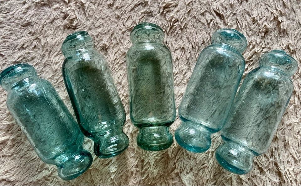 Raro Juego de 5 flotadores de vidrio japonés cilíndricos cortos 4,9 pulgadas azul aguamarina-verde Foto 1 de 4