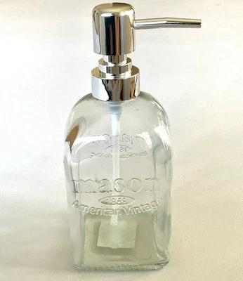 Bomba dispensadora de jabón transparente Square Mason Jar plateada estilo granja 15 oz NUEVO Foto 1 de 4