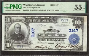 1902 $10 WASHINGTON NATIONAL BANKNOTE CURRENCY FR.624 KANSAS PMG AU 55 EPQ (229) - Picture 1 of 2