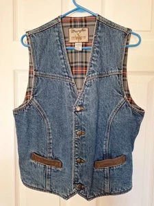 Wrangler Outerwear Denim Vest Mens M Plaid Flannel Lined Button Up Western - Picture 1 of 4