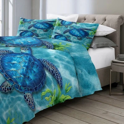Blue Green Sea Turtle Duvet Cover Set 3pcs Soft Bedding Cover Set All Season - Image 1 of 4