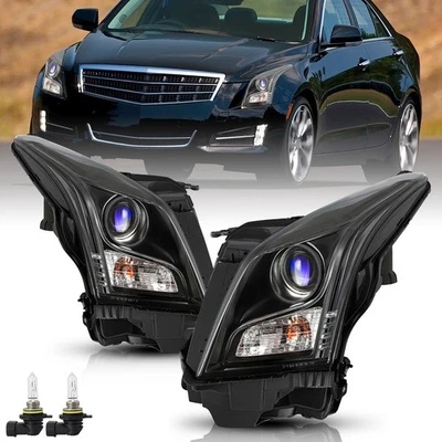 Pair LED Black Headlights Assembly For 2013-2018 Cadillac ATS Headlamps w/Bulbs - Image 1 of 4
