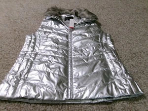NWT TALBOTS Faux Fur Collar Metallic Silver Down Puffer Vest Size Large - Picture 1 of 5