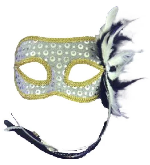 SILVER VENETIAN STYLE MARDI GRAS MASQUERADE MASK w/RIBBONS,FEATHERS & RHINESTONE - Image 1 of 1