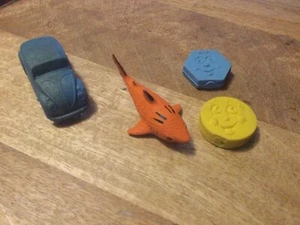 Lot of 4  Erasers Shark, VW Bug, Harry Hexagon & Cindy Circle VTG - Picture 1 of 1