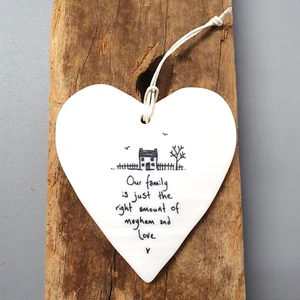 East of India Porcelain Heart Hanger 'Our family.. Mayhem & Love' Keepsake Funny - Picture 1 of 2