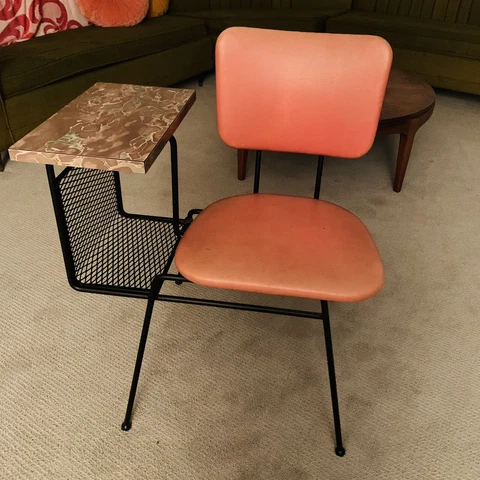 Vintage Mid Century MCM Pink Vinyl Gossip Bench Telephone Table Desk Iron Metal Cover