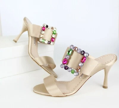 NOVO MANOLO BLAHNIK Verda 90 Sandálias de Salto Cetim Sapatos, EUR 38.5, MSRP $945 - Imagem 1 de 4