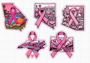 Multi State Pink Awareness Ribbon Stickers Glossy Breast Cancer AZ NV NC GA CO - Picture 1 of 8