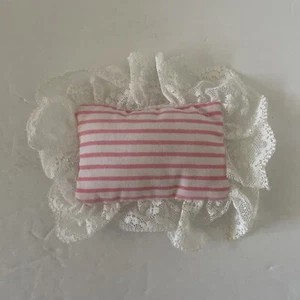 Vintage Barbie Doll Bed Pillow Pink White Stripes and Lace - Picture 1 of 2