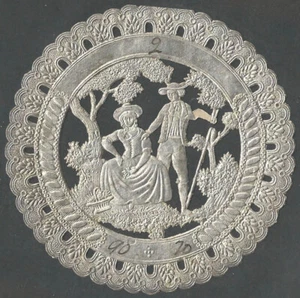 19th Century Dresden Silver Foil Textile Label Young Man & Woman in the Woods - Picture 1 of 1